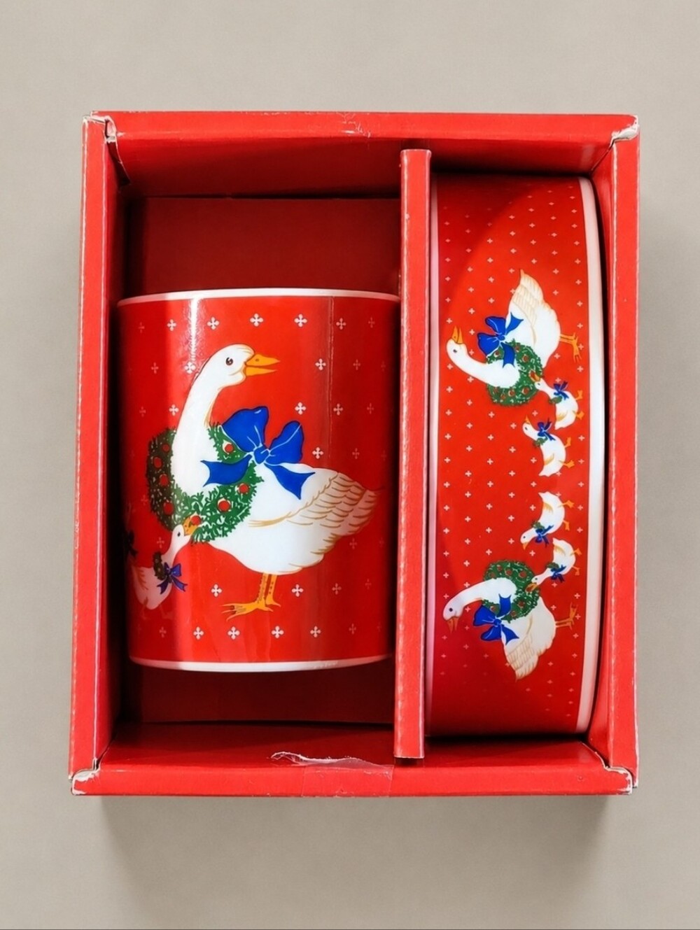 Vintage Andre Richard Christmas Geese Soap Dish Tumbler Set Japan Box